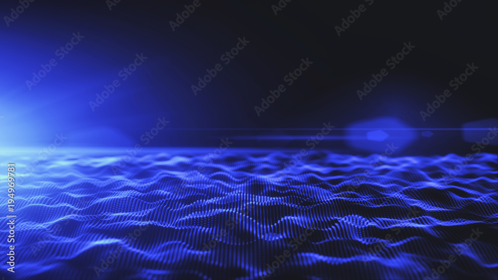 Abstract blue digital waves background with light flare - obrazy, fototapety, plakaty 