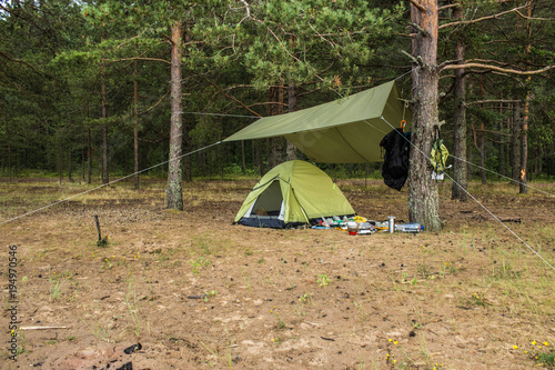 Tent on the sandy shore of the Gulf of Finland, Leningrad Region, Russia