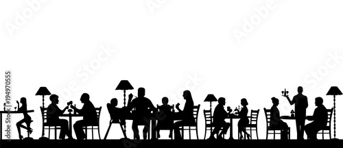 Silhouette of people eating in a restaurant with all figures as separate objects layered, one in the series of similar images