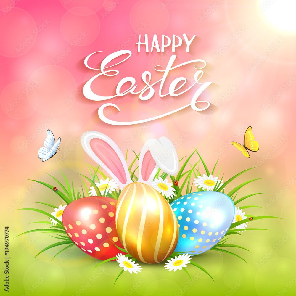 Pink sunny background with Easter eggs and rabbit ears in grass
