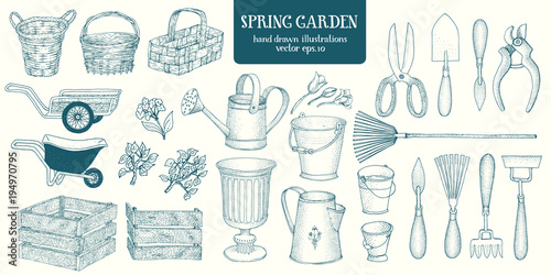 Big set of hand drawn sketch garden elements. Gardening tools. Engrave style retro illustrations.