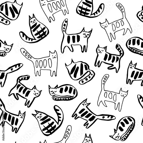 Seamless pattern with funny cats. Vector hand drawn illustration.