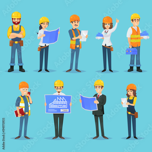 Set of icons for various male and female builders and designers with blueprints. 