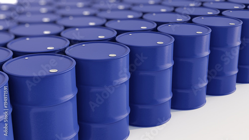 Blue Oil barrels with dept of field on white  3d illustration