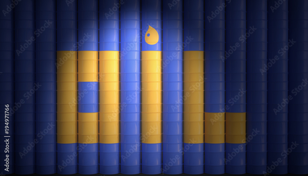 Obraz premium Wall from blue barrels yellow OIL sign on the barrel - 3d illustration