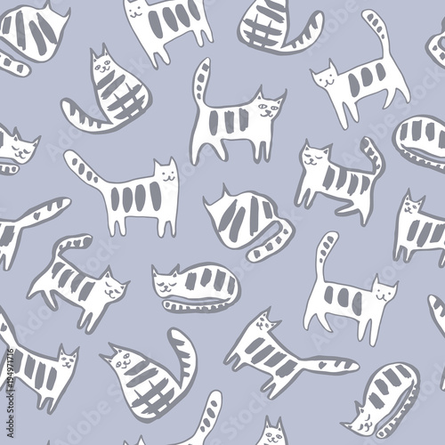 Seamless pattern with funny cats. Vector hand drawn illustration.