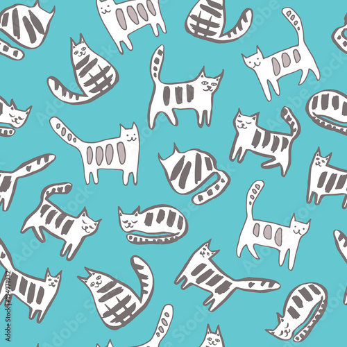 Seamless pattern with funny cats. Vector hand drawn illustration.