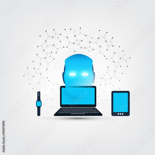 Machine Learning, Artificial Intelligence, Cloud Computing and Networks Design Concept with Mobile Computing Devices, Wireframe and Robot Head