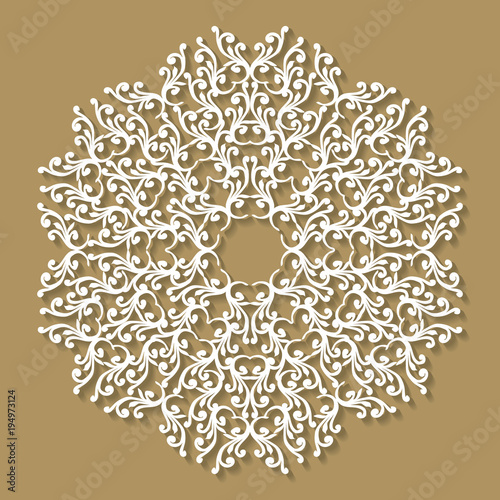 Handmade lace doily. Beautiful elegant vintage knitted lacy napkin. Wedding table decoration or invitation concept. Round lace pattern. Decorative element, EPS 8.