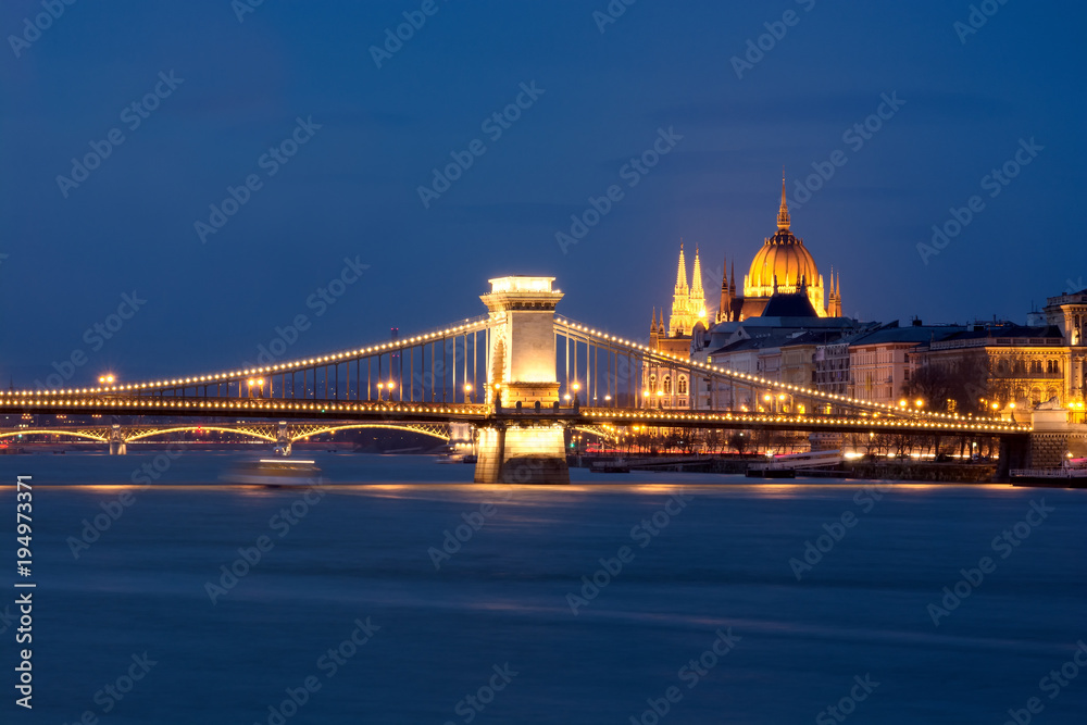 Chain bridge and Parliament Dome in Budapest at night