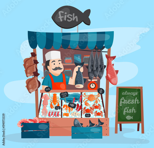 Fish shop vector kiosk street retro shop store market with freshness seafood in fridge traditional asian meal and fisherman dealer business person meat seller illustration