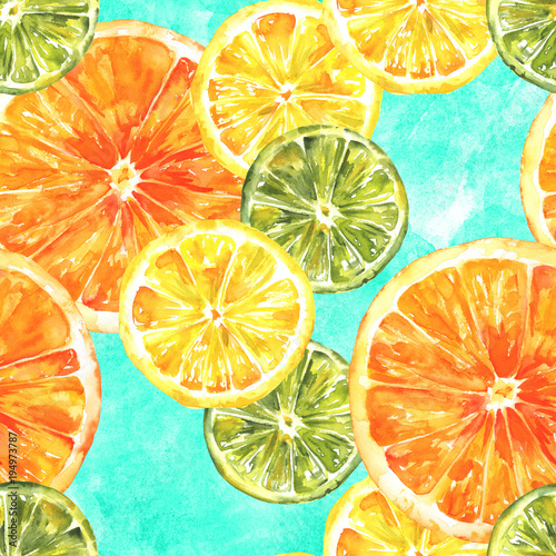A seamless background pattern with watercolour lemons, oranges, and limes on teal
