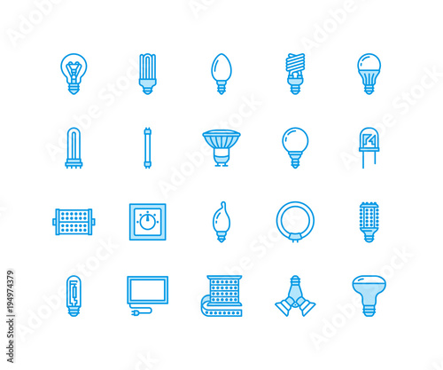 Light bulbs flat line icons. Led lamps types, fluorescent, filament, halogen, diode and other illumination. Thin linear signs for idea concept, electric shop. Pixel perfect 64x64.