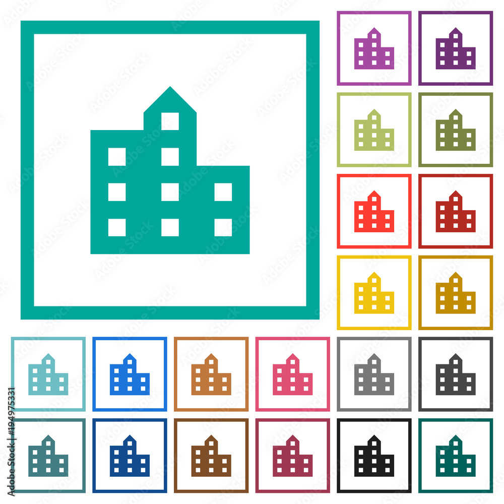 City silhouette flat color icons with quadrant frames