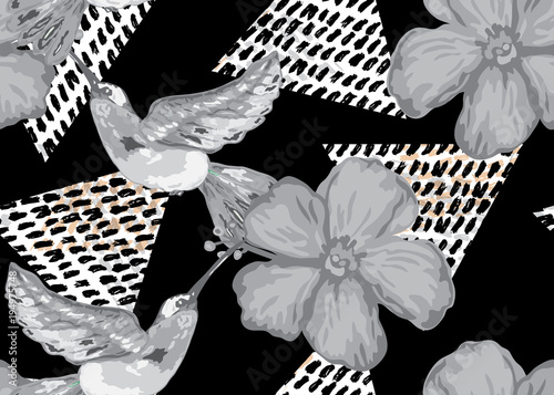 abstrakcyjna-w-ptaki-kwiaty-i-trojkaty-na-czarnym-tle