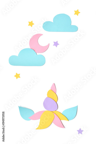 Unicorn and sky paper cut on white background - isolated