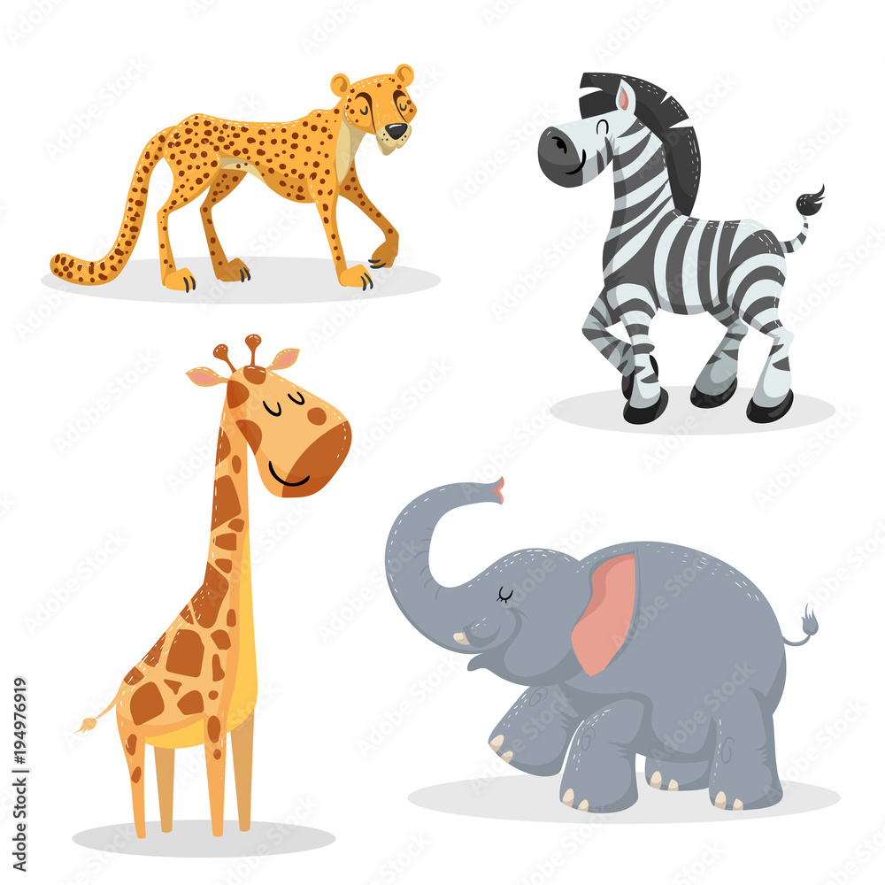 Obraz premium Cartoon trendy style african animals set.Cheetah, zebra, giraffe and elephant. Closed eyes and cheerful mascots. Vector wildlife illustrations.