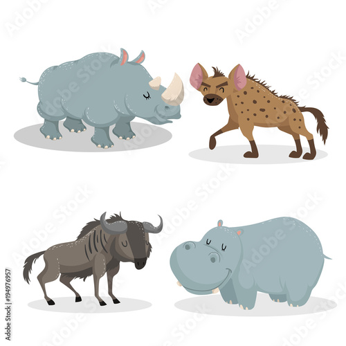 Cartoon trendy style african animals set. Rhino, hyena, wildebeest antelope, hippo. Closed eyes and cheerful mascots. Vector wildlife illustrations. © Sketch Master