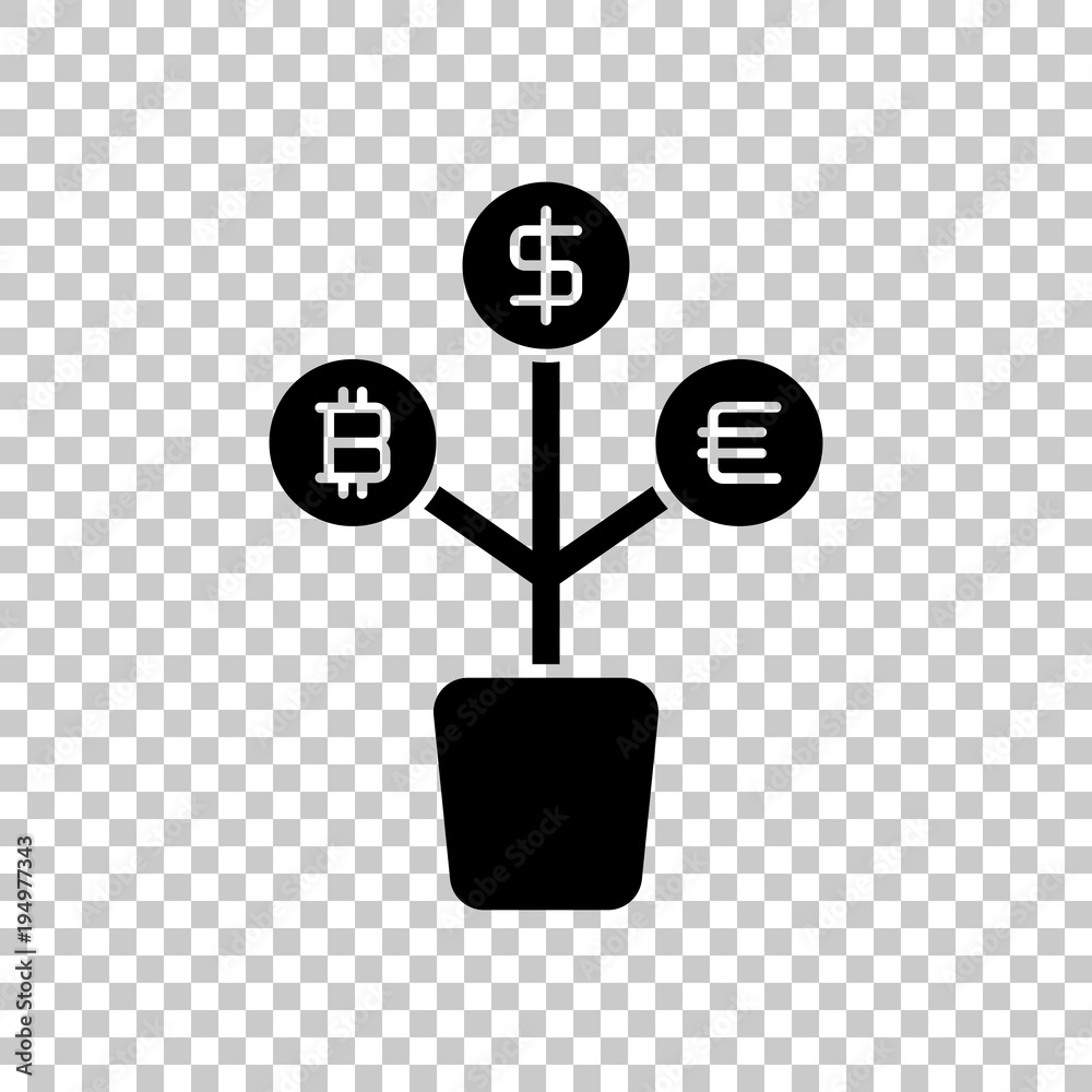 money tree. dollar, euro and bitcoin. simple silhouette. On transparent background. money tree. dollar, euro and bitcoin. simple silhouette. On transparent background.