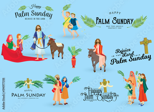 religion holiday palm sunday before easter, celebration of the entrance of Jesus into Jerusalem, happy people with palmtree leaves vector illustration, man Rides Donkey, kids woman greetings Christ