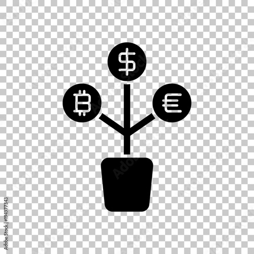 money tree. dollar, euro and bitcoin. simple silhouette. On transparent background. © fokas.pokas
