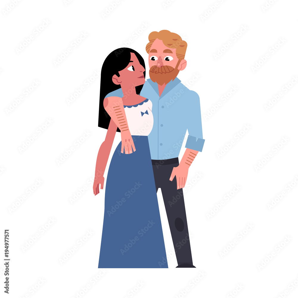 Happy loving couple, hugging and looking at each other, flat cartoon vector illustration on white background. Full length portrait of loving, hugging couple, Caucasian man and Spanish woman Stock Vector | Adobe Happy loving couple, hugging and looking at each other, flat cartoon vector illustration on white background. Full length portrait of loving, hugging couple, Caucasian man and Spanish woman Stock Vector | Adobe