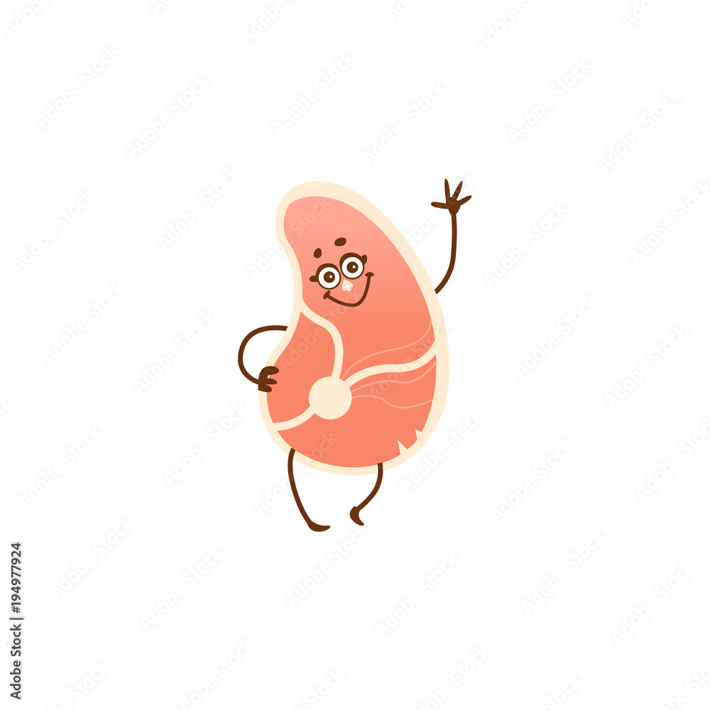 Funny cute beef, pork steak, meat character with smiling human face, cartoon vector illustration isolated on white background. Cartoon smiling steak, peace of meat character, mascot