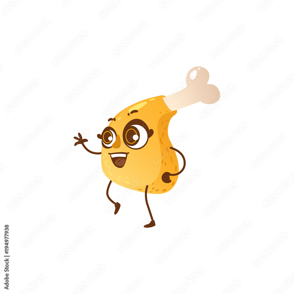 Obraz premium Funny crispy fried chicken, turkey leg, drumstick character with smiling human face, cartoon vector illustration isolated on white background. Happy cartoon fried chicken leg, drumstick character