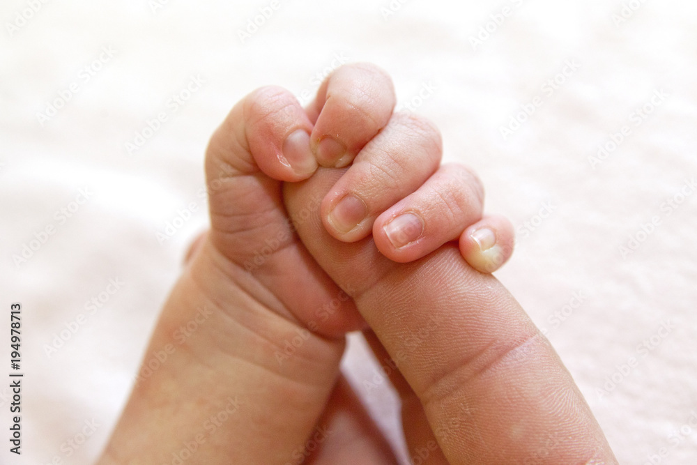 The baby clings to his father's finger The baby clings to his father's finger