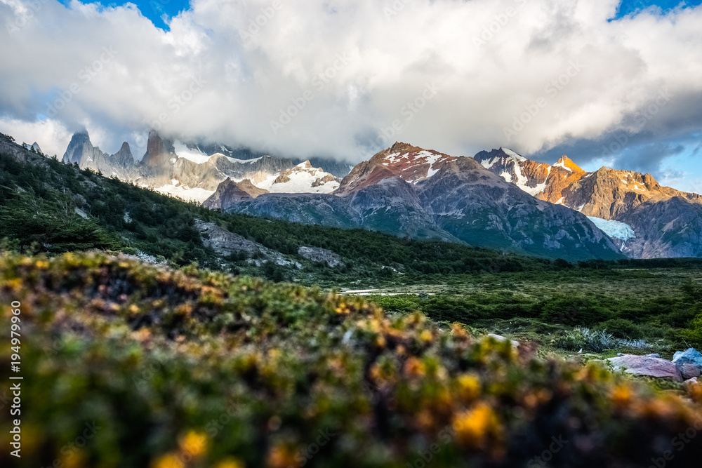 Mountains hidden in clouds and meadow with herbs on the foreground. Argentina