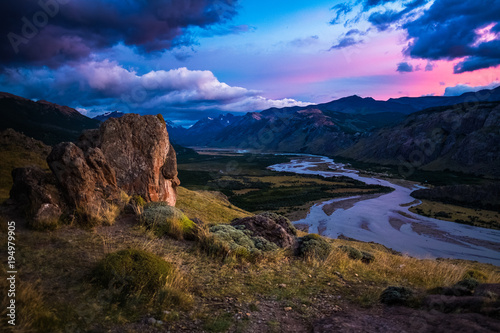 Valley with river and mountains during sunrise. Patagonia, Argentina © Dudarev Mikhail