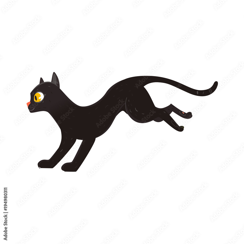 Cute fluffy black cat running, side view portrait, flat cartoon vector