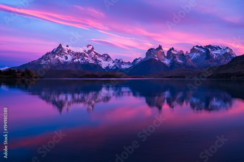 Torres del Paine National Park. Sunrise from lake Pehoe. Chile