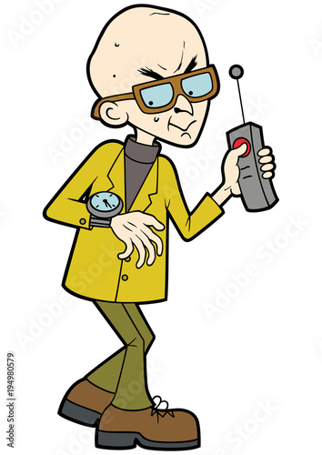 Crazy genius preparing for a catastrophe / Illustration cartoon evil professor, looking at his watch, keeping his finger on the remote controller button
