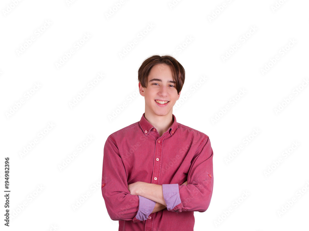 Portrait of happy fashionable handsome man in casual red shirt crossing hands and looking at camera. Isolated on white Portrait of happy fashionable handsome man in casual red shirt crossing hands and looking at camera. Isolated on white
