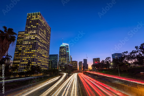 Downtown Los Angeles, skyline with trail lights, California, USA