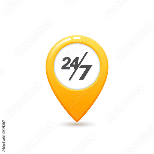 Taxi service 24 7 icon, Flat style Yellow taxi icon. Map pin with 24 7 letter sign. Yellow taxi icon on white background.