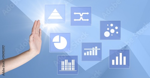 Hand interacting with business chart statistic icons