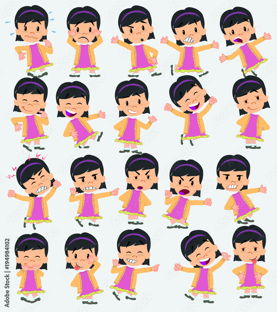 Cartoon character of a asian girl. Set with different postures, attitudes and poses, doing different activities in isolated vector illustrations. Cartoon character of a asian girl. Set with different postures, attitudes and poses, doing different activities in isolated vector illustrations.