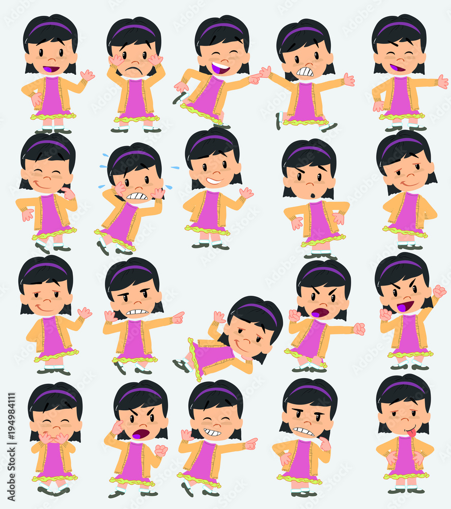Cartoon character of a asian girl. Set with different postures, attitudes and poses, doing different activities in isolated vector illustrations. Cartoon character of a asian girl. Set with different postures, attitudes and poses, doing different activities in isolated vector illustrations.