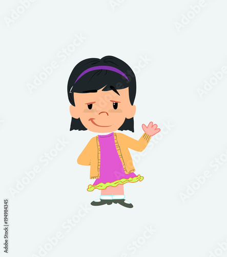 Asian girl waving with a dreamy expression.