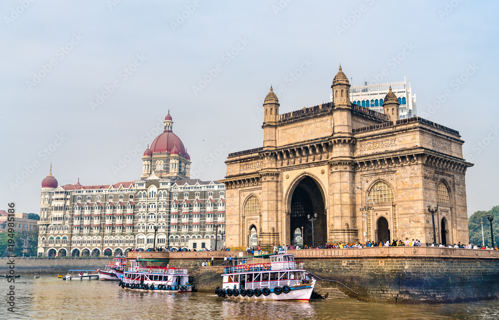 The Gateway of India and Taj Mahal Palace as seen from the Arabian Sea. Mumbai - India