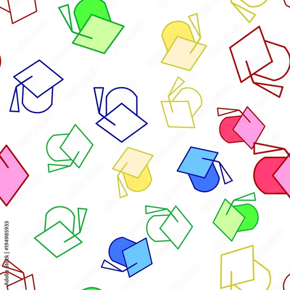 Graduation college hat vector pattern. Seamless background illustration. Cute outline cartoon texture, textile fabric, print. Hipster wrapping paper, book cover, clothes, and pattern for kids,children Graduation college hat vector pattern. Seamless background illustration. Cute outline cartoon texture, textile fabric, print. Hipster wrapping paper, book cover, clothes, and pattern for kids,children