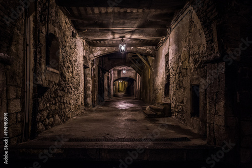 Beautiful streets of the night city of Villefranche sur mer in the south of France