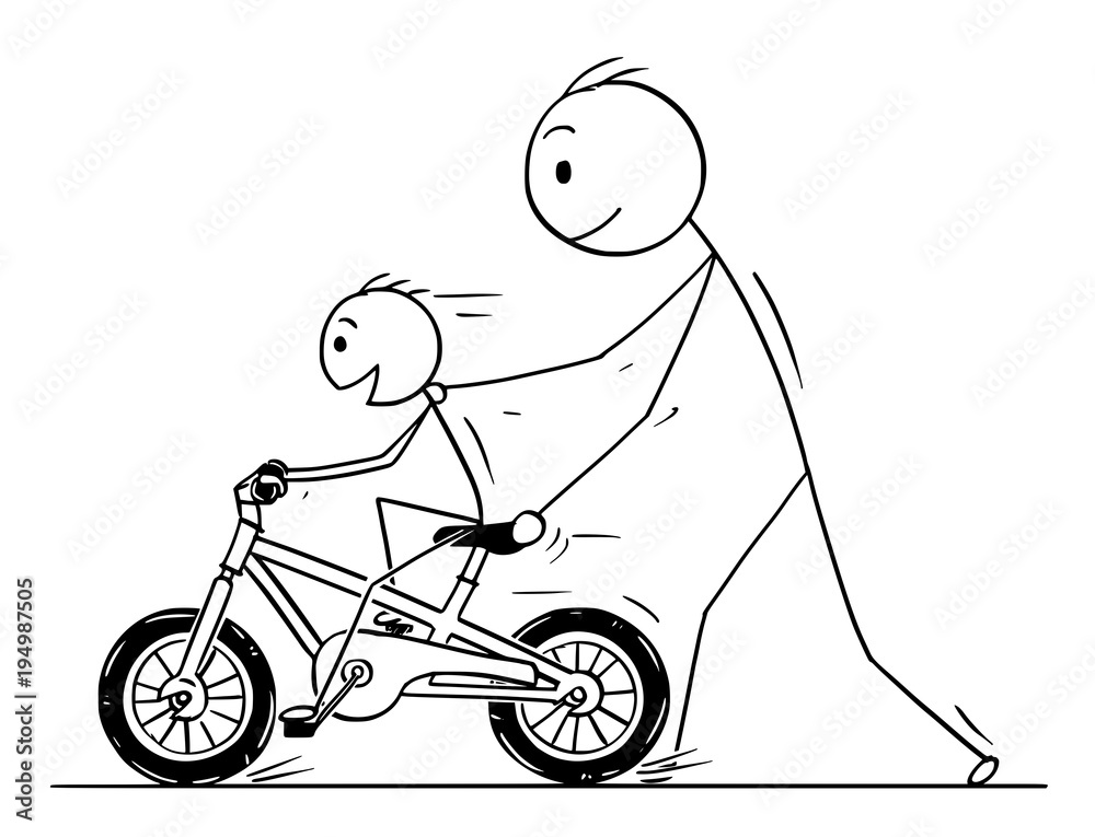 Cartoon stick man drawing conceptual illustration of father teaching and  son learning to ride a bicycle or bike. Stock Vector | Adobe Stock