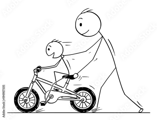 Cartoon stick man drawing conceptual illustration of father teaching and son learning to ride a bicycle or bike.