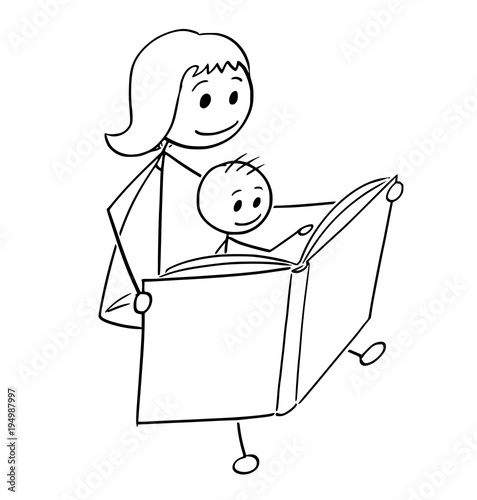 Cartoon stick man drawing conceptual illustration of mother or mom reading a book together with son.