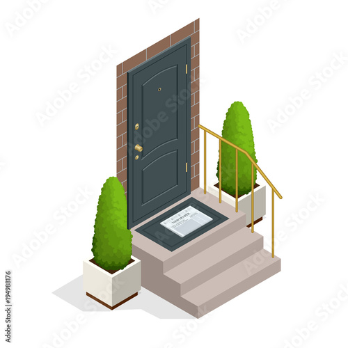 The newspaper lying on a doormat, blank. Isometirc morning paper. Daily magazine vector illustration.
