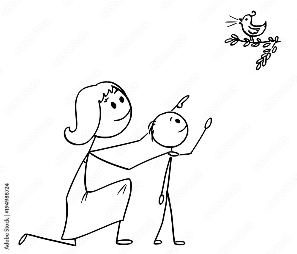 Cartoon stick man drawing conceptual illustration of Mother and son  watching together a wild bird in the nature. Stock Vector | Adobe Stock