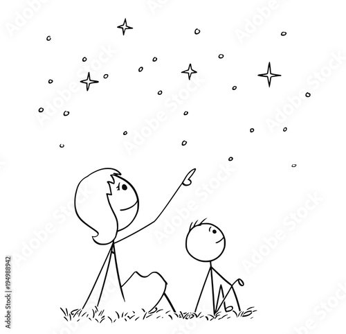 Cartoon stick man drawing conceptual illustration of mother or mom and son watching together night sky stars.